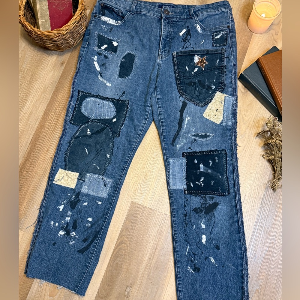 Upcycled Paint-Splattered Patchwork Jeans Distres… - image 3